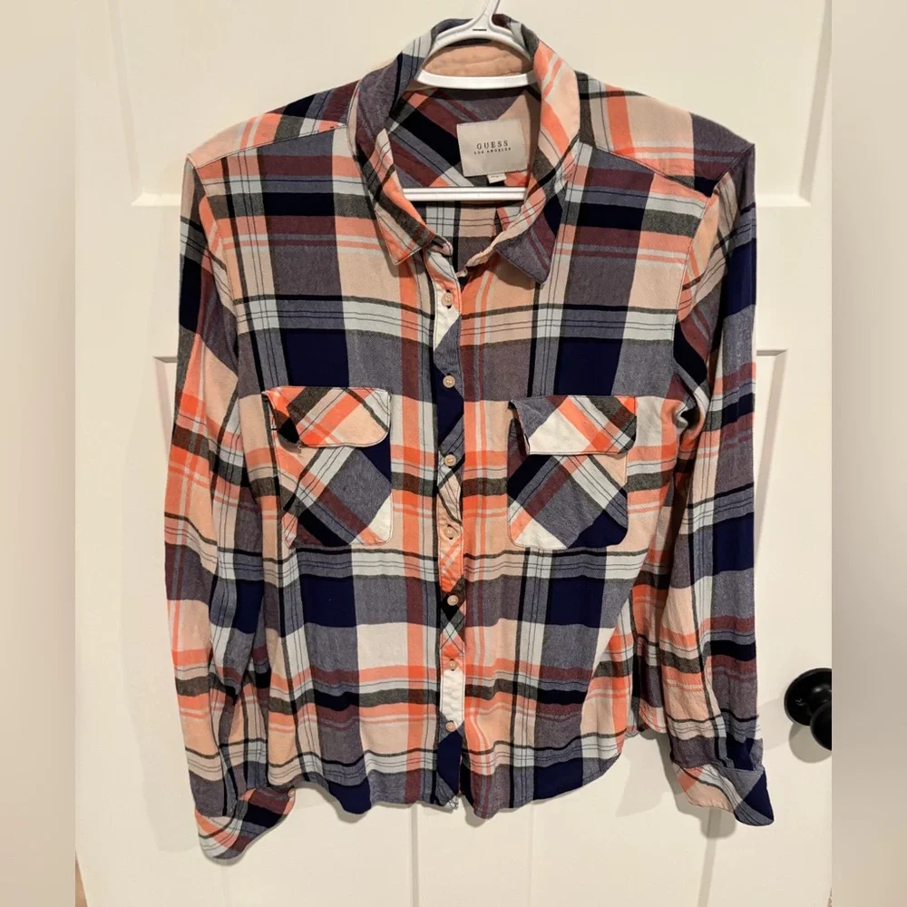 GUESS Plaid Button-Up Shirt in Coral & Navy - Picture 1 of 3